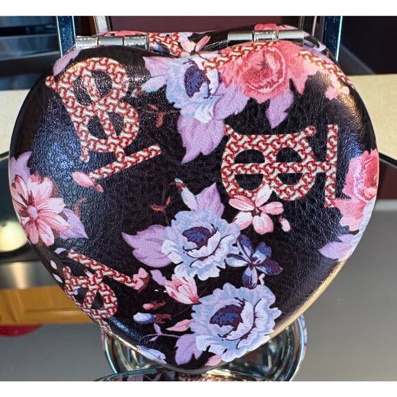 COMPACT MIRROR: Heart-Shaped Black, Pink, & Red w/Floral Design, NWOT - Picture 1 of 4